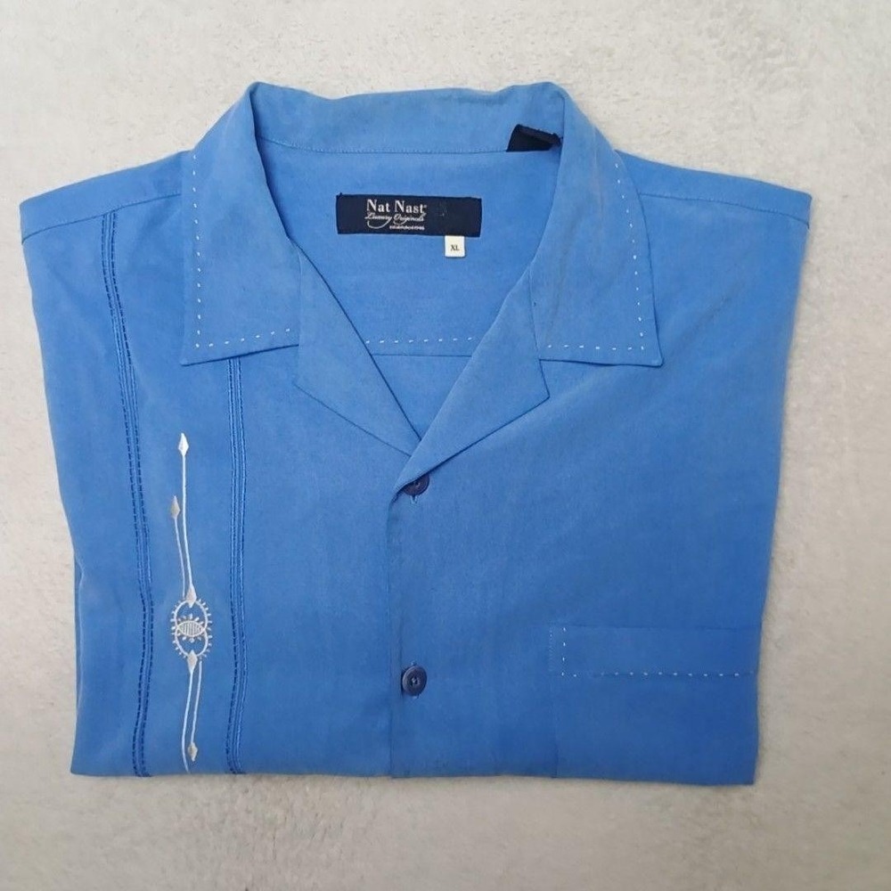 Nat Nast Shirt Mens XL Bay Blue Silk Button-Up Short Sleeve Embroidered Luxury